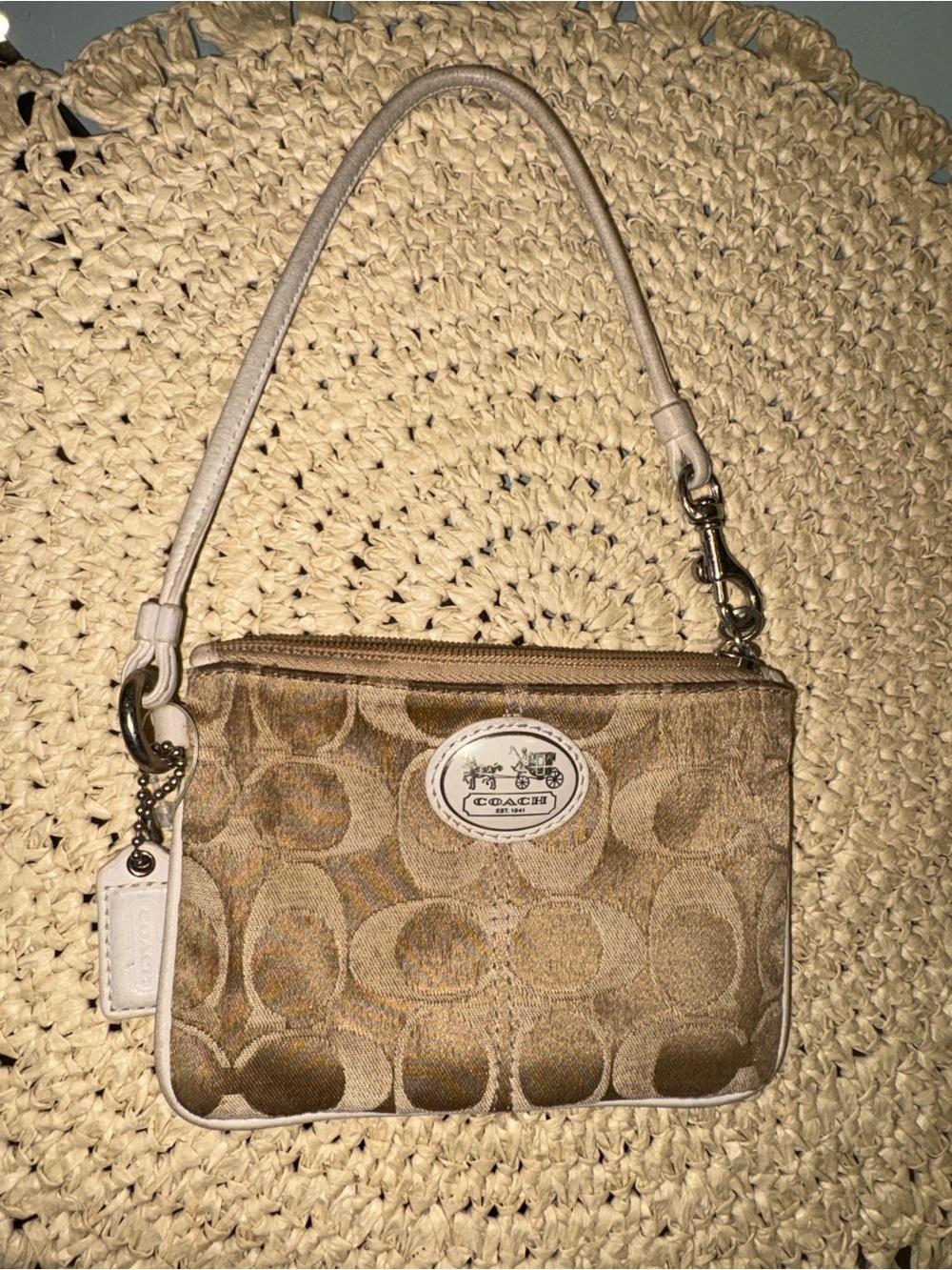 Vintage Coach Tan Signature Jacquard Wristlet with Leather Trim - Used